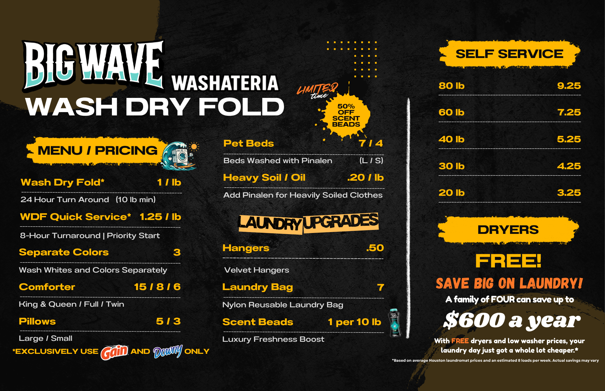 Big Wave Washateria English pricing menu showing wash-dry-fold, bedding, upgrade, washer, and free dryer prices