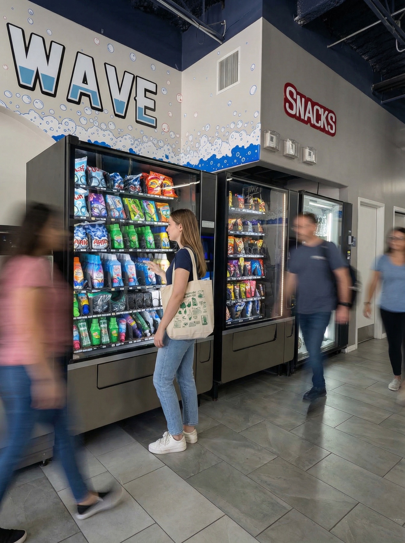 Customers using the detergent, laundry supply, drink, and snack vending area at Big Wave Washateria
