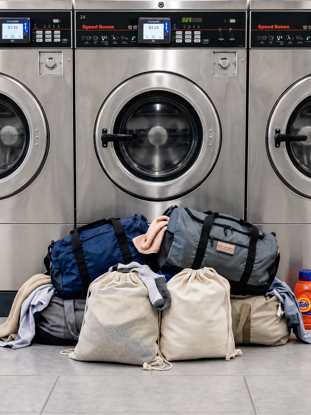 Large-capacity washers and sorted laundry bags at Big Wave Washateria
